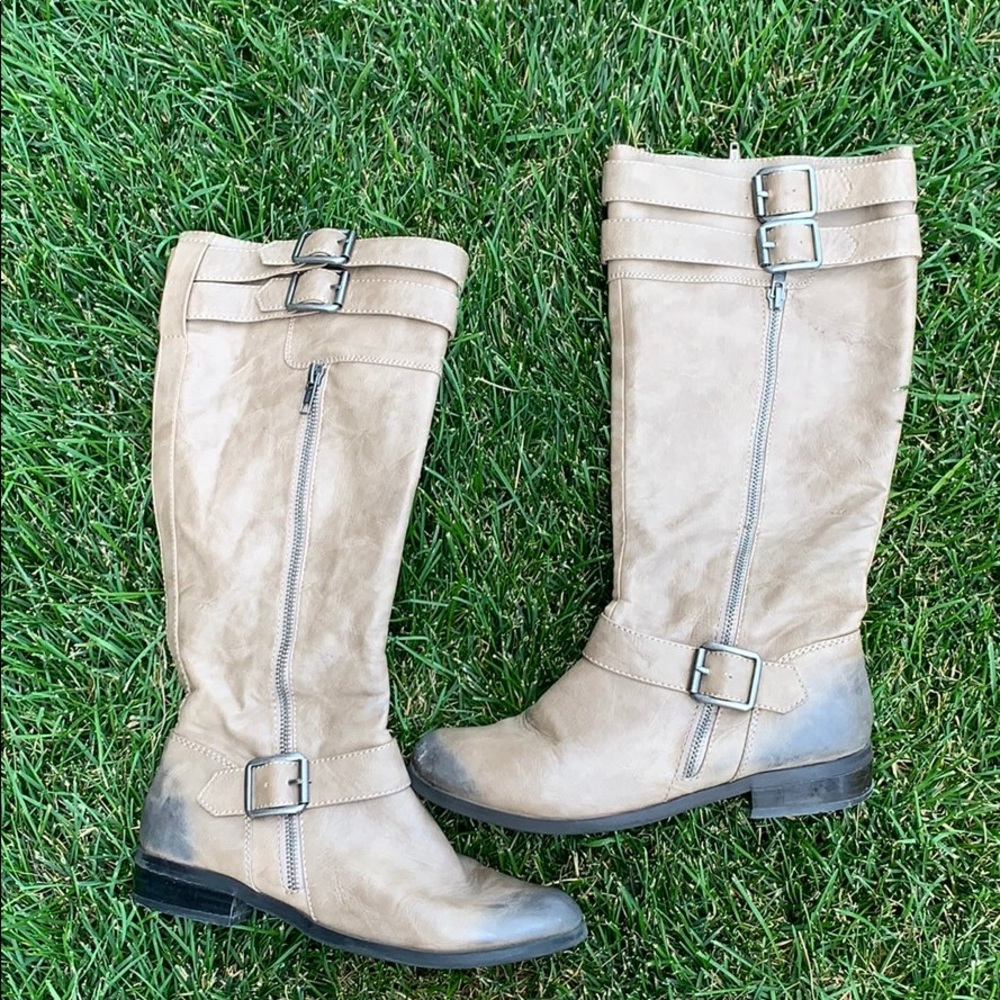 Tan distressed knee high boot